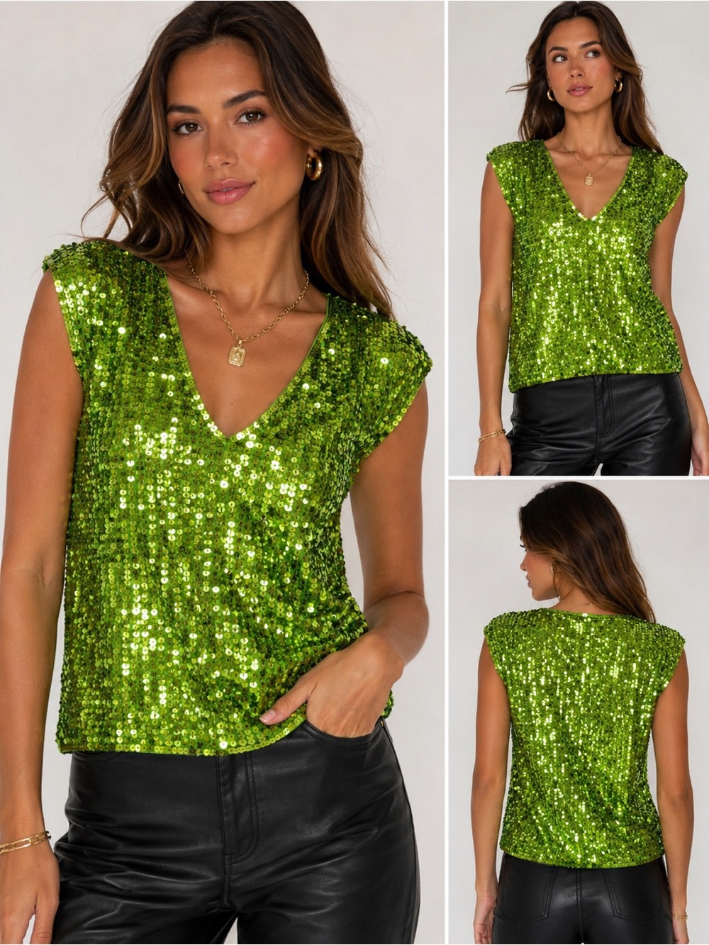 Cathy Hardwick Green Sequin Silk Top Size Medium Y2K Party Glam EUC